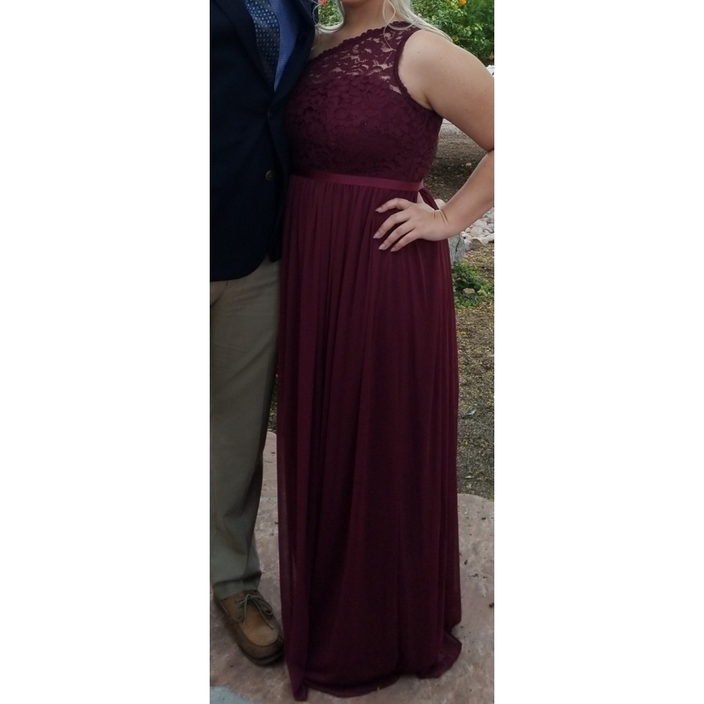 David's Bridal long bridesmaids dress in Wine
